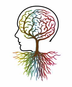 human with multicolored tree-brain and roots